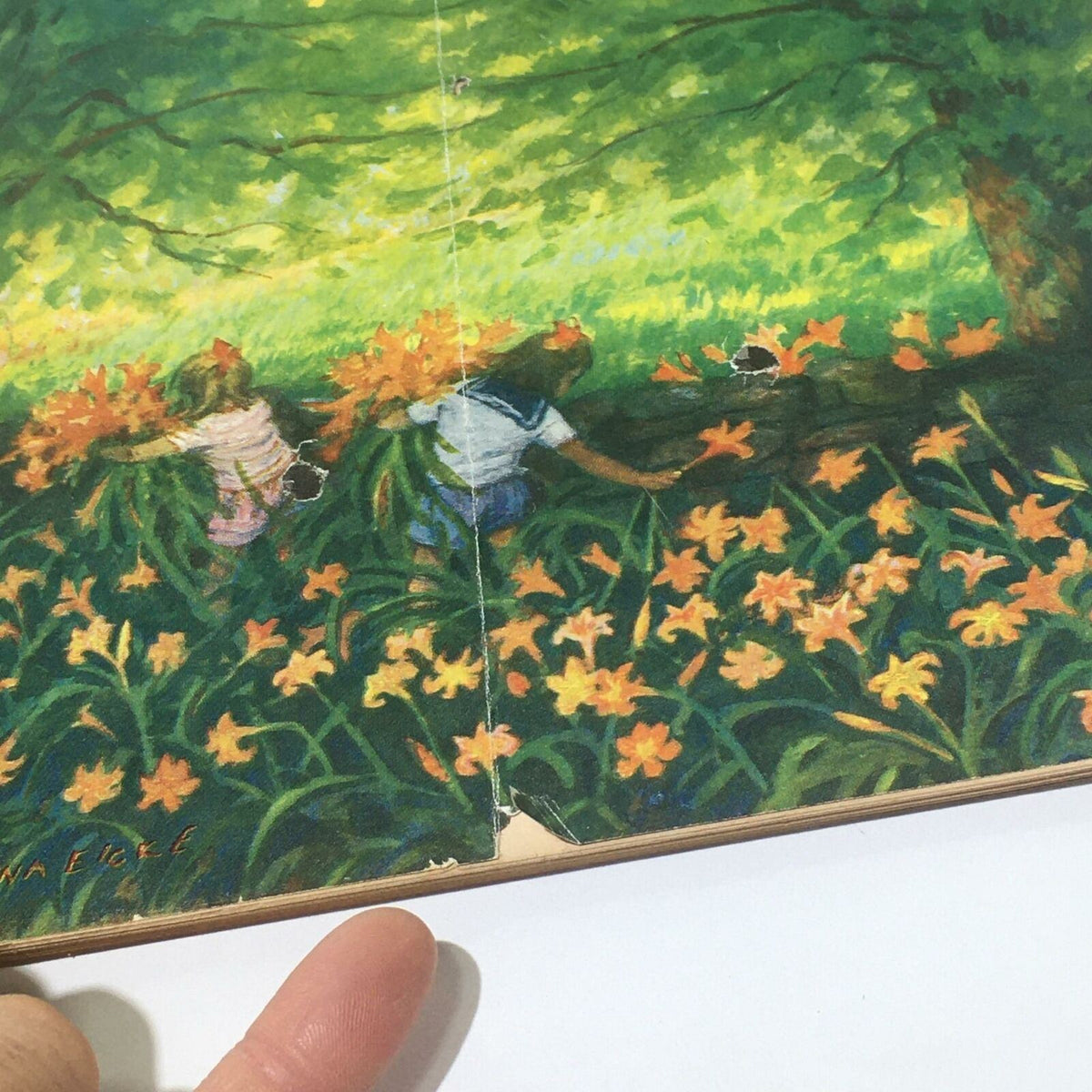 Close-up view of The New Yorker: June 20 1959 Full Magazine cover, showcasing Edna Eicke's detailed artwork with children in a colorful garden, emphasizing vintage charm and artistry.