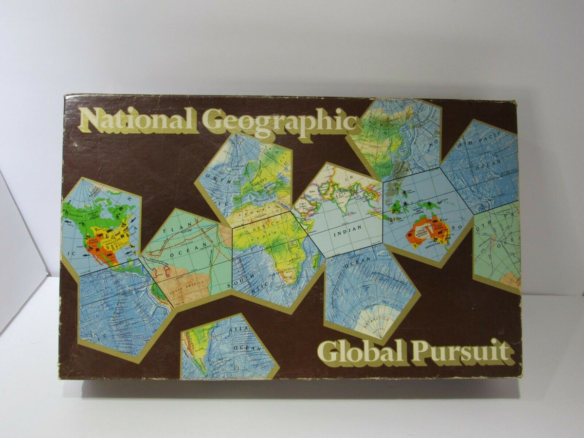 Vintage 1987 National Geographic Global Pursuit Complete Game Board featured on the box, showcasing colorful maps and geographical designs, ideal for collectors and geography enthusiasts.
