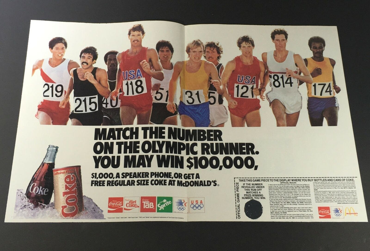 VTG Retro 1989 Coca-Cola advertisement featuring Olympic runners and a coupon offer for a free regular size Coke at McDonald's, with a competition to win $100,000.