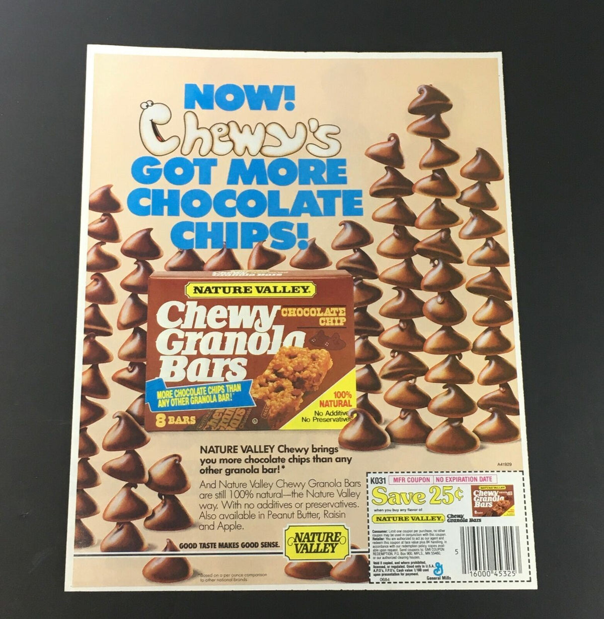VTG Retro 1989 Nature Valley Chewy Granola Bars advertisement showcasing the product with an emphasis on increased chocolate chips and a coupon saving offer.