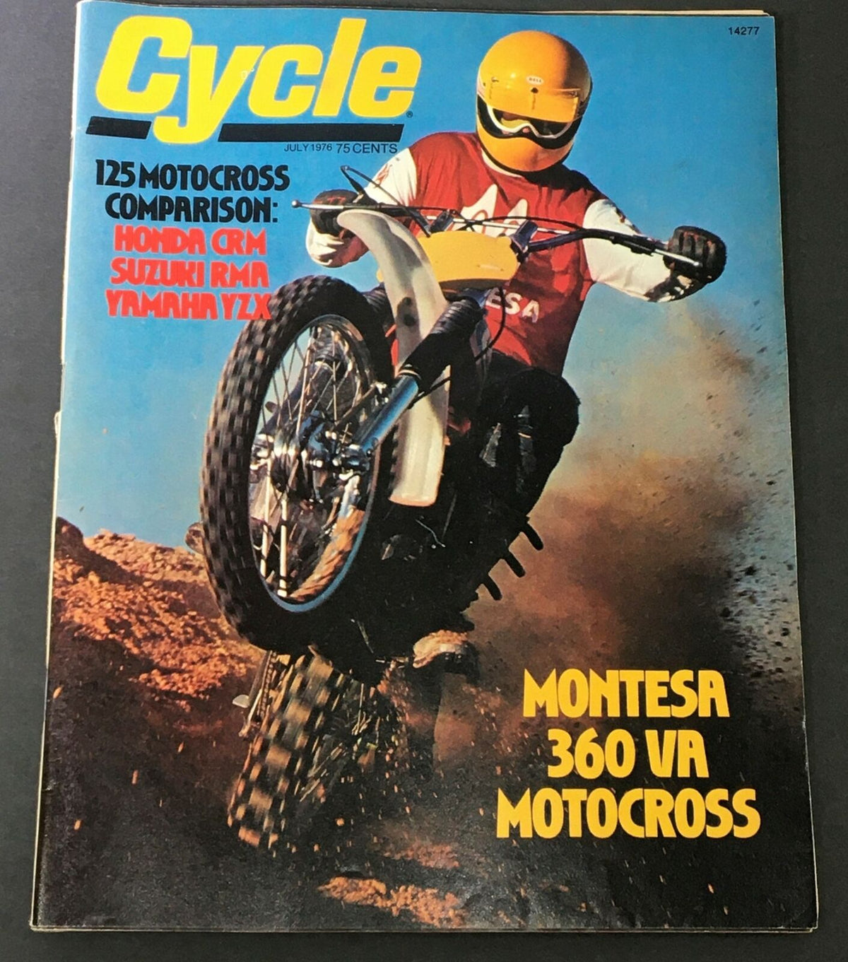 Cycle Magazine July 1976 cover featuring an action shot of motocross with a rider on a motorcycle, highlighting models Honda CRM, Suzuki RMR, and Yamaha YZX. The magazine showcases the thrilling motocross scene of the 1970s, capturing the racing culture and innovative motorcycle designs of the era.