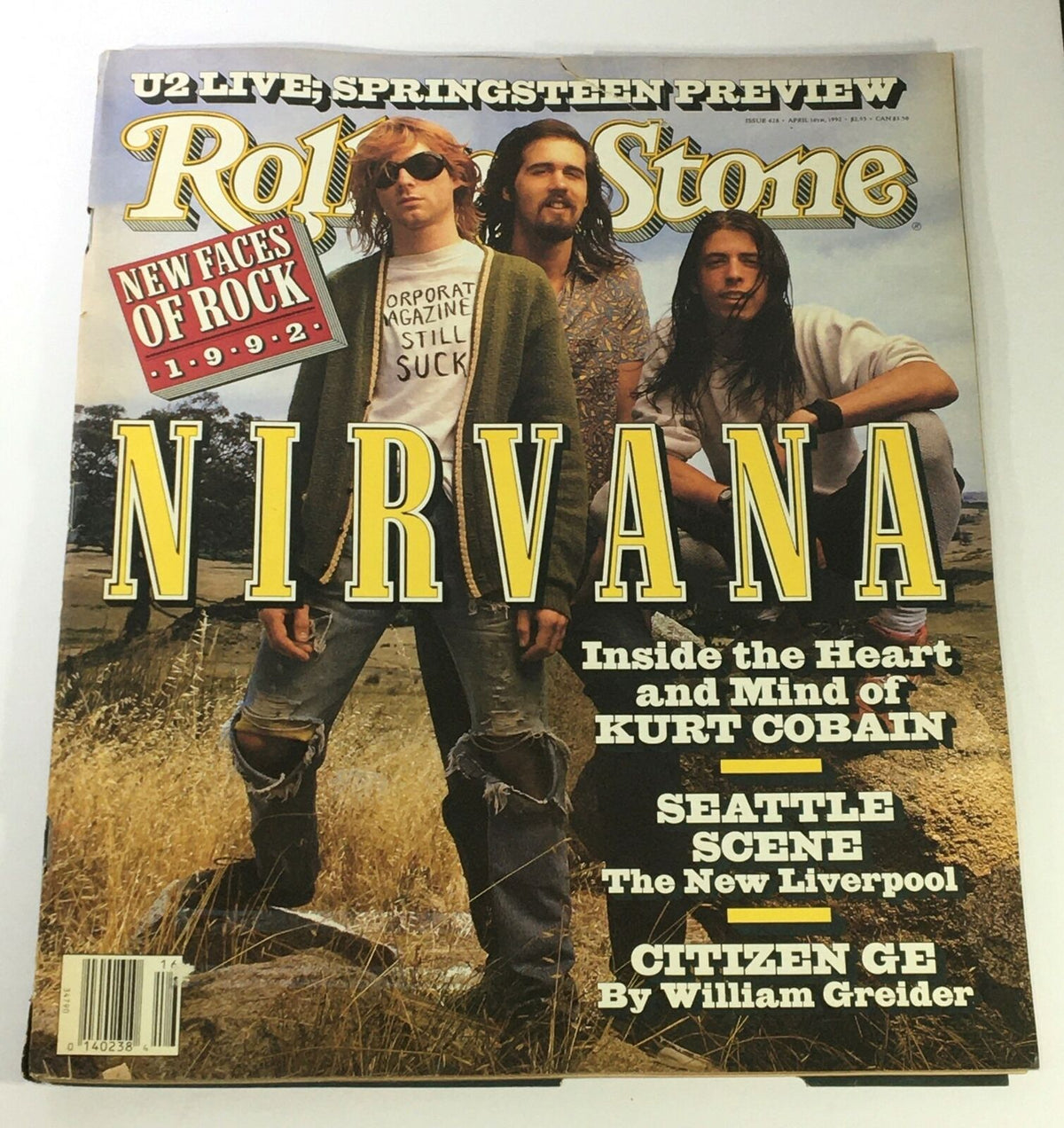 Cover of Rolling Stone Magazine, April 16, 1992, Issue #628, featuring the headline 'Inside Nirvana's Kurt Cobain's Head