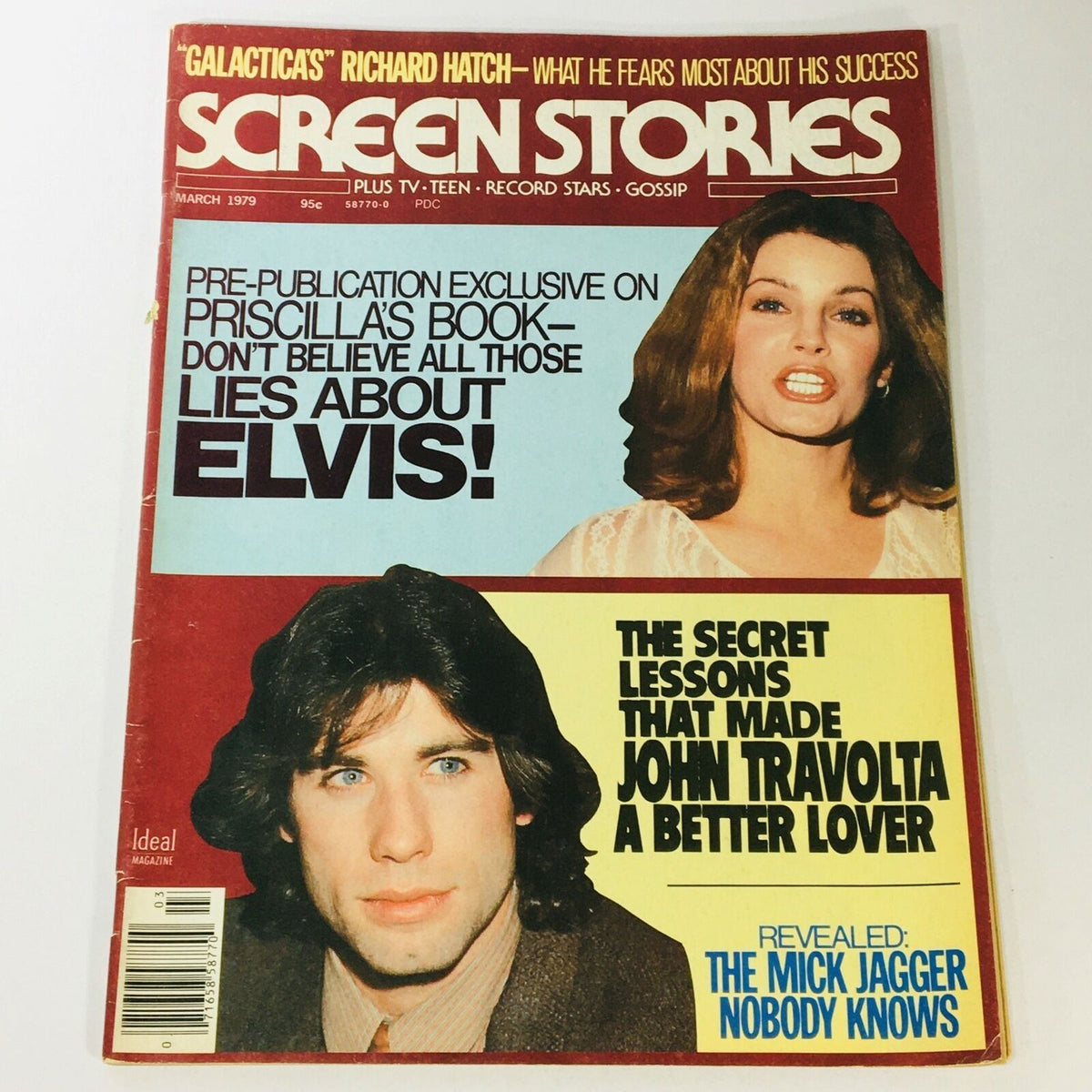 Cover of VTG Screen Stories Magazine from March 1979 featuring Priscilla Presley and John Travolta. The cover highlights a pre-publication exclusive on Priscilla's book and discusses rumors about Elvis. Includes a section on lessons that made John Travolta a better lover.
