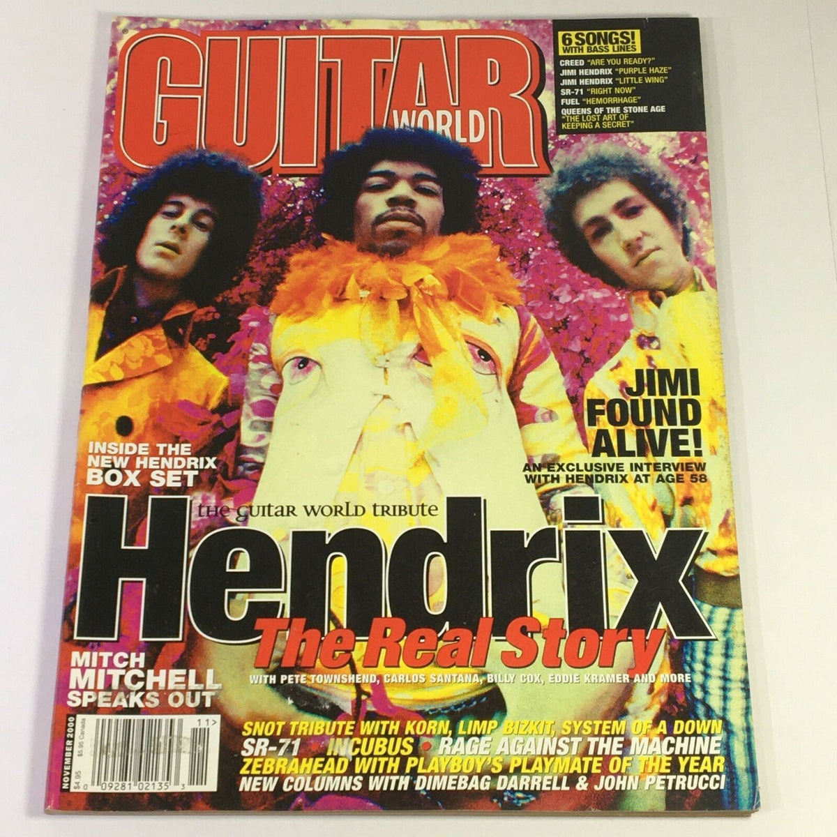 Cover of Guitar World Magazine November 2000 featuring a tribute to Jimi Hendrix, with highlights on Pete Townshend and Billy Cox, showcasing vibrant graphics and iconic rock imagery.