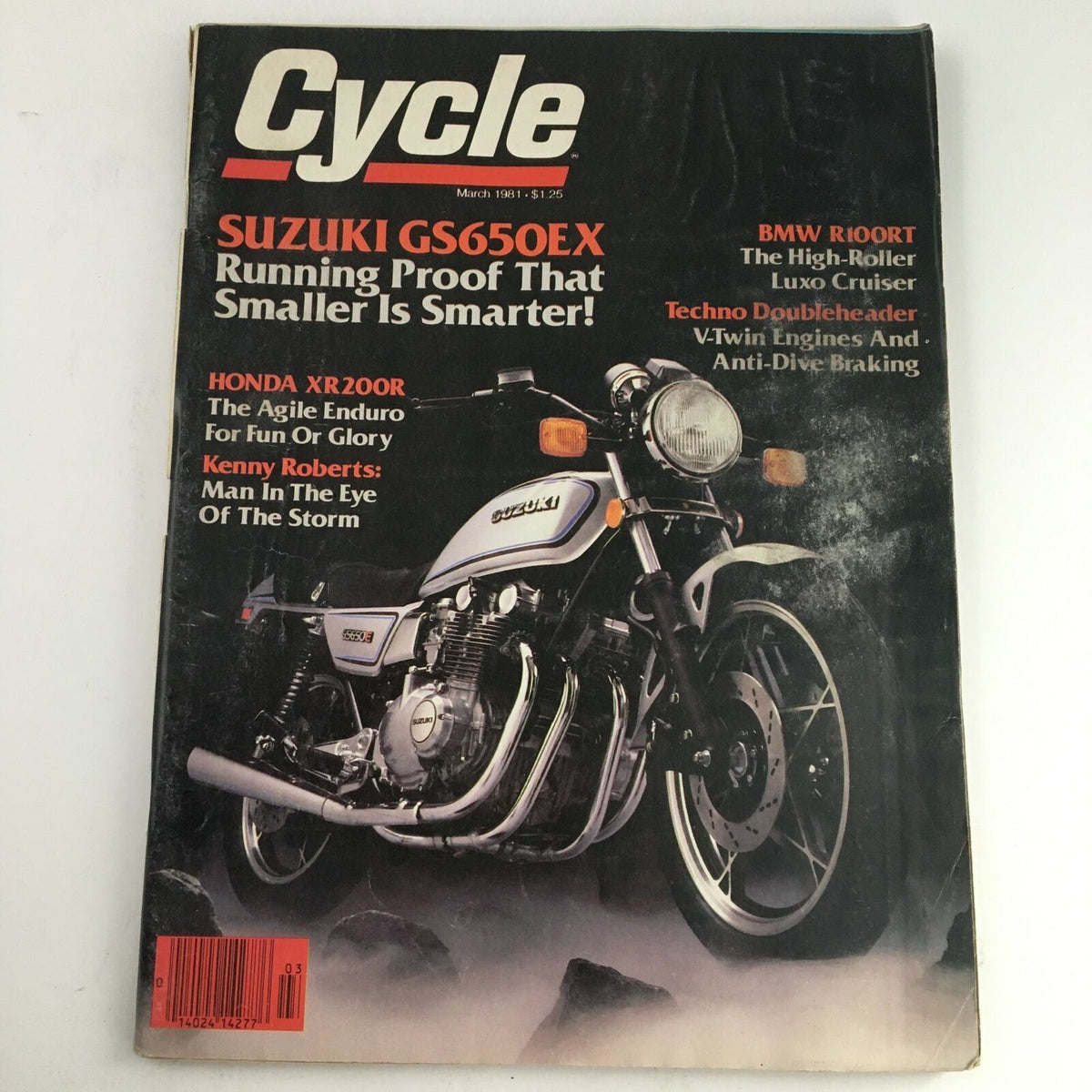 Cycle Magazine March 1981 featuring Suzuki GS650EX on the cover, showcasing highlights of Honda XR200R and racing legend Kenny Roberts.