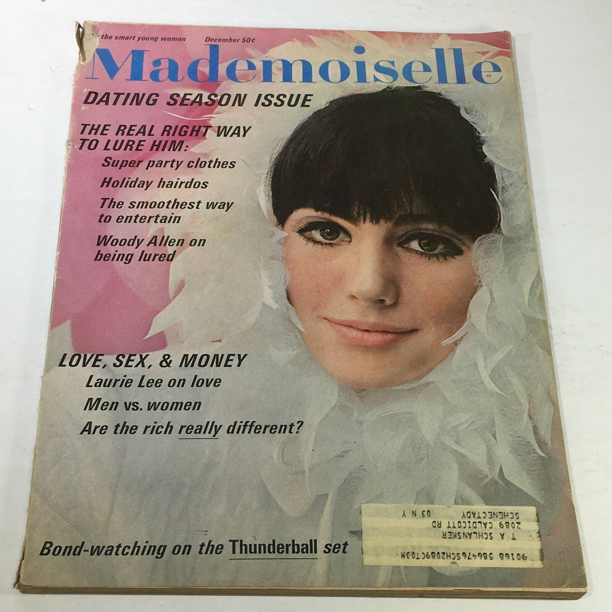 Vintage Mademoiselle Magazine December 1965 cover featuring a young woman with a stylish hairstyle, showcasing mid-60s fashion trends and topics like dating season, love, and party clothing.