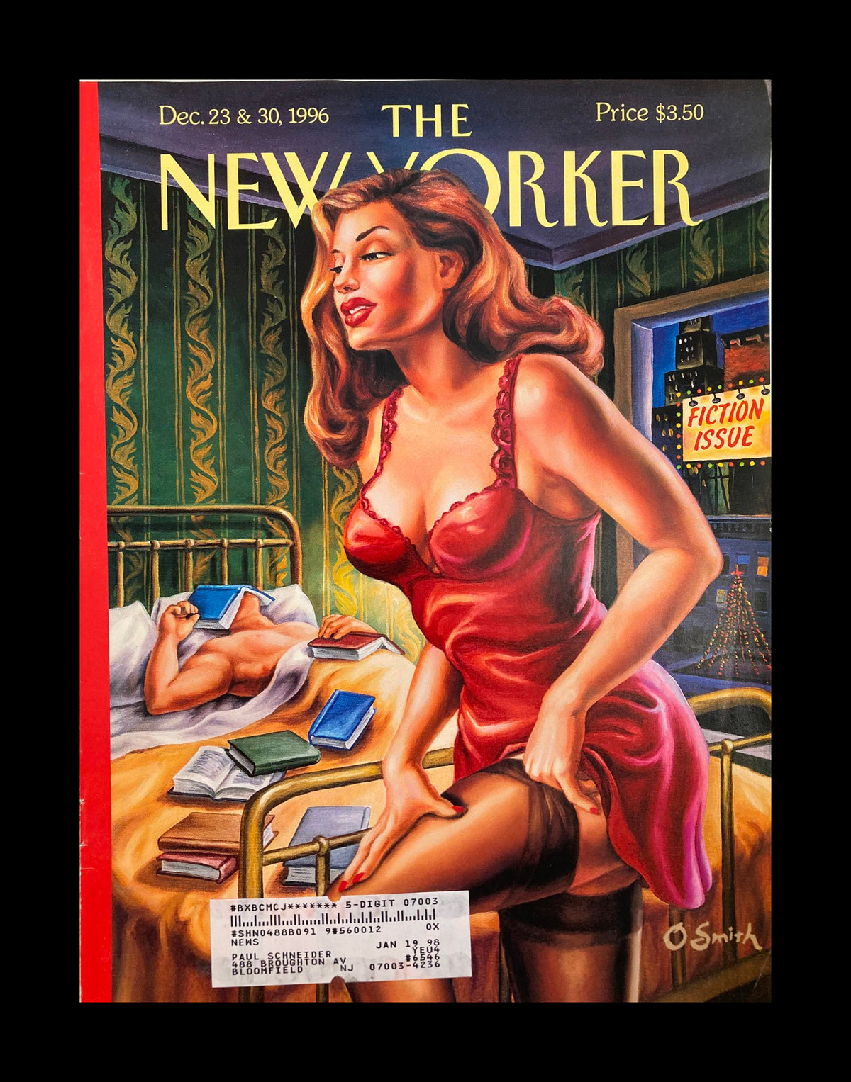 Cover Only The New Yorker December 23 1996 Bedside Stories by Owen Smith, featuring an artistic illustration of a woman in a red dress and a man reading in bed, showcasing winter-themed storytelling.
