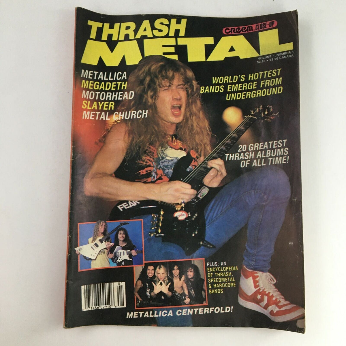 Cover of Creem Thrash Metal Magazine from November 1987 featuring Dave Mustaine with the headline 'Thrash Metal' highlighting bands like Metallica and Megadeth. A vintage collectible for metal music enthusiasts.