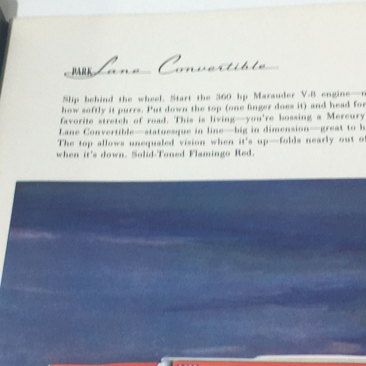Interior page of the 1958 Mercury 24-page BIG Vintage Sales Brochure featuring the Mercury Park Lane Convertible, beautifully designed with classic automotive features.