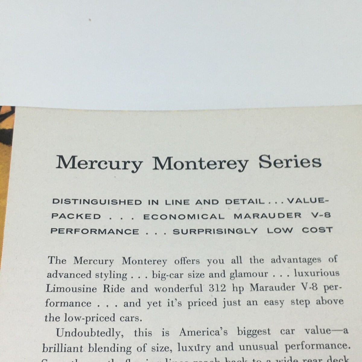 1958 Mercury 24-page BIG Vintage Sales Brochure Catalog featuring repeated emphasis on the Mercury Monterey Series performance features.