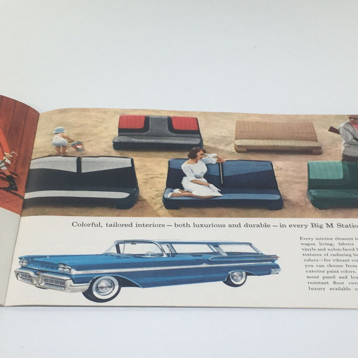 Inside the 1958 Mercury 24-page vintage sales brochure showcasing the colorful tailored interiors available in Mercury vehicles, featuring stylish seating options.