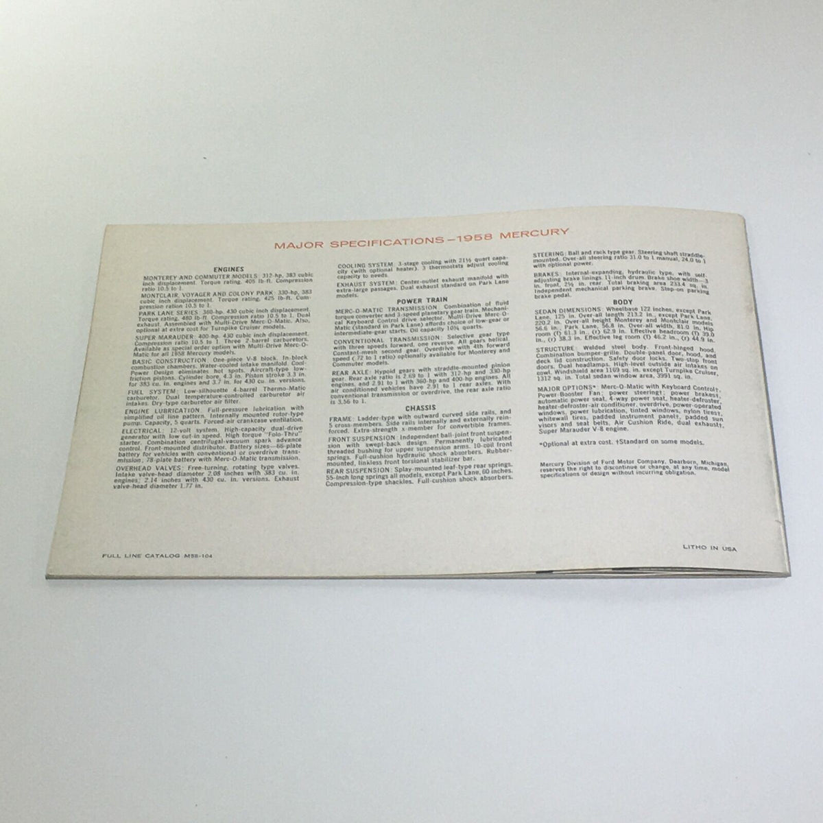 Back cover of the 1958 Mercury 24-page vintage sales brochure detailing major specifications of the 1958 Mercury models.