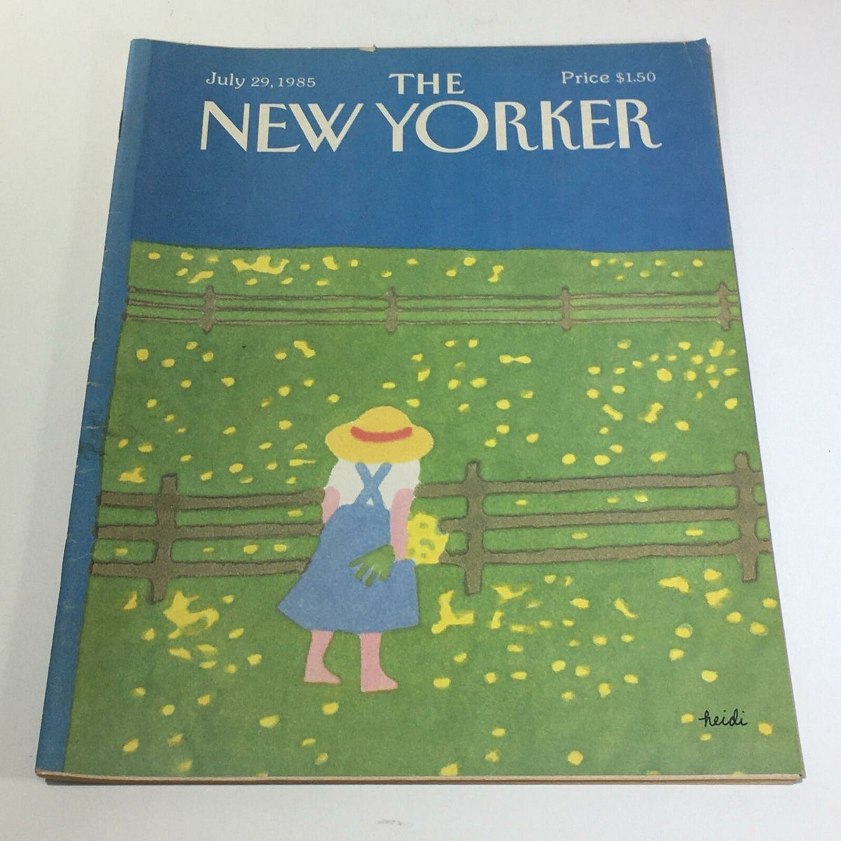 The New Yorker Magazine July 29 1985 cover featuring vibrant artwork by Heidi Gonnel, depicting a figure in a hat amidst a yellow flower field.