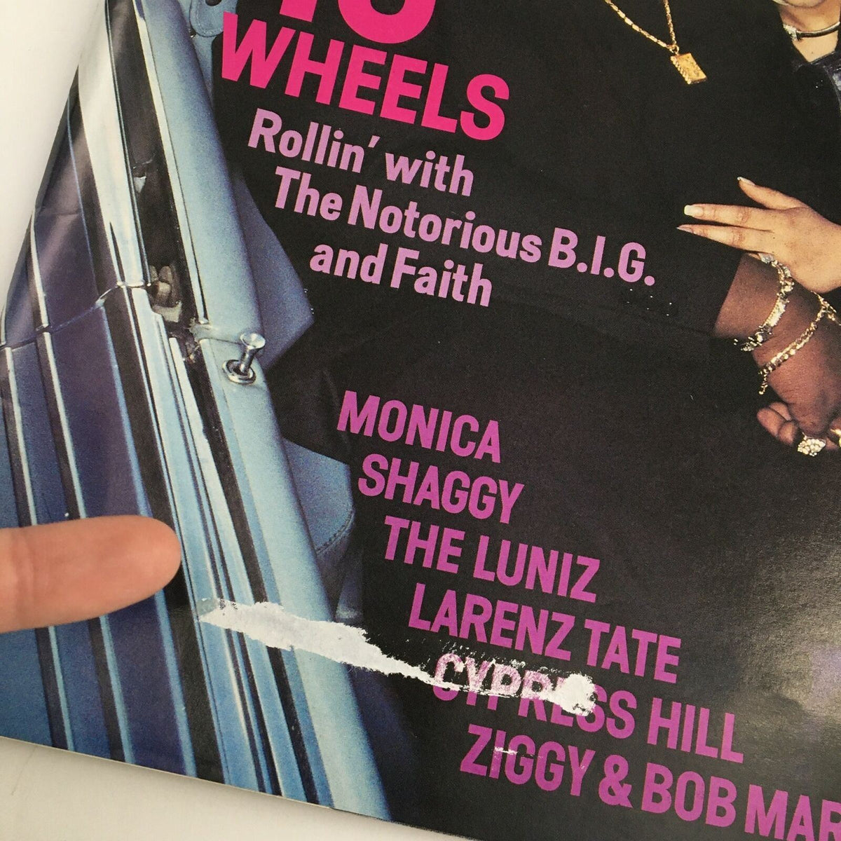 Cover detail of Vibe Magazine October 1995 featuring The Notorious B.I.G., Faith Evans, Monica, and Shaggy with magazine title and featured artists.