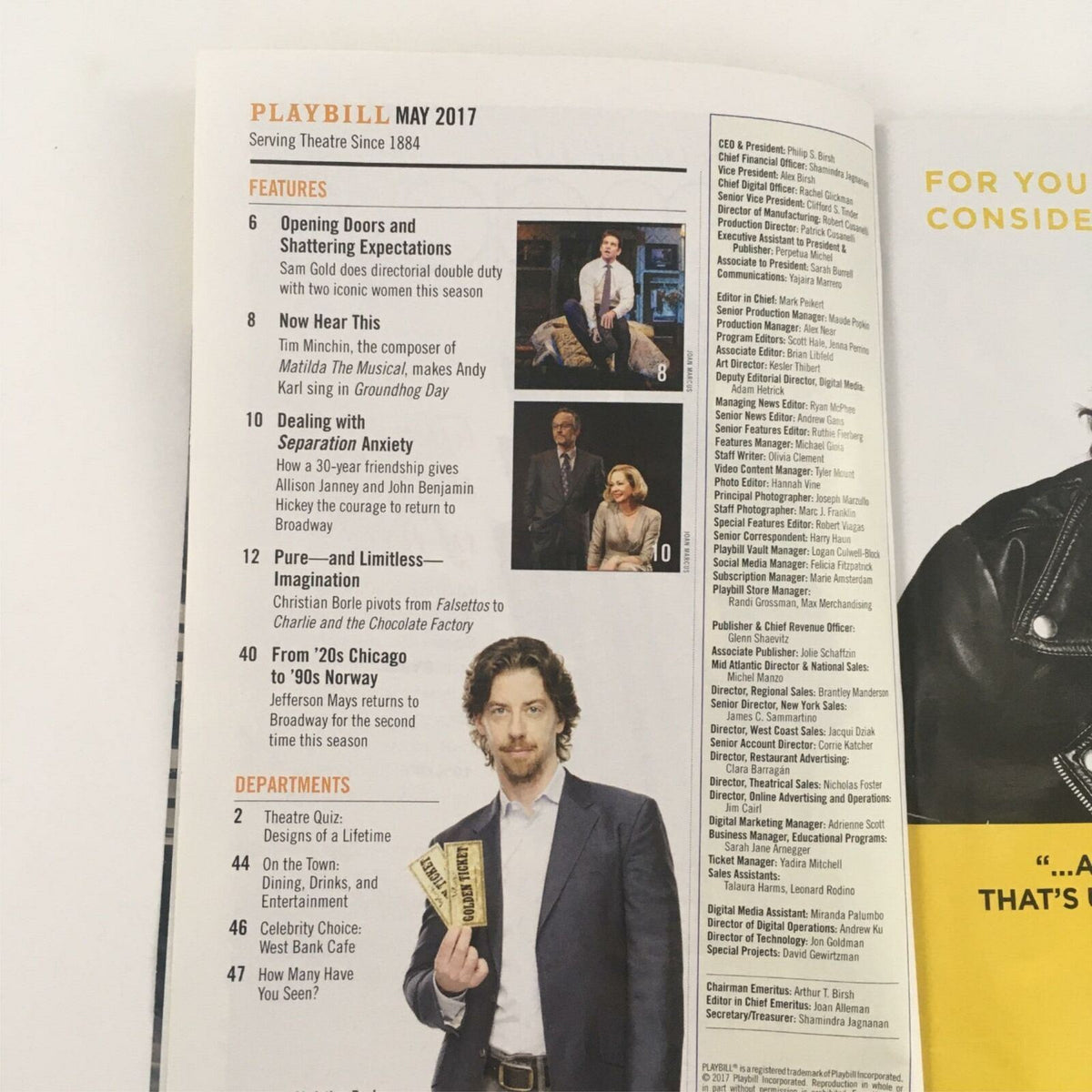 Interior page of the 2017 Playbill A Bronx Tale, showcasing articles and features related to Broadway performances.