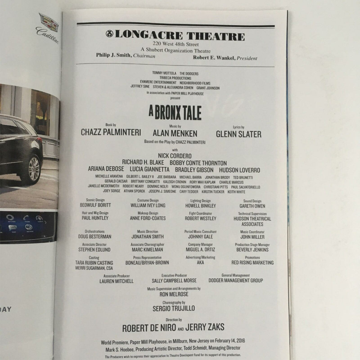 Cast and crew page from the 2017 Playbill A Bronx Tale, listing names and roles for the production at Longacre Theatre.