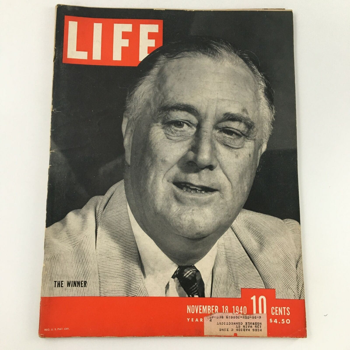 Vintage Life Magazine from November 18, 1940, featuring President Franklin D. Roosevelt on the cover, showcasing a significant moment in American history.