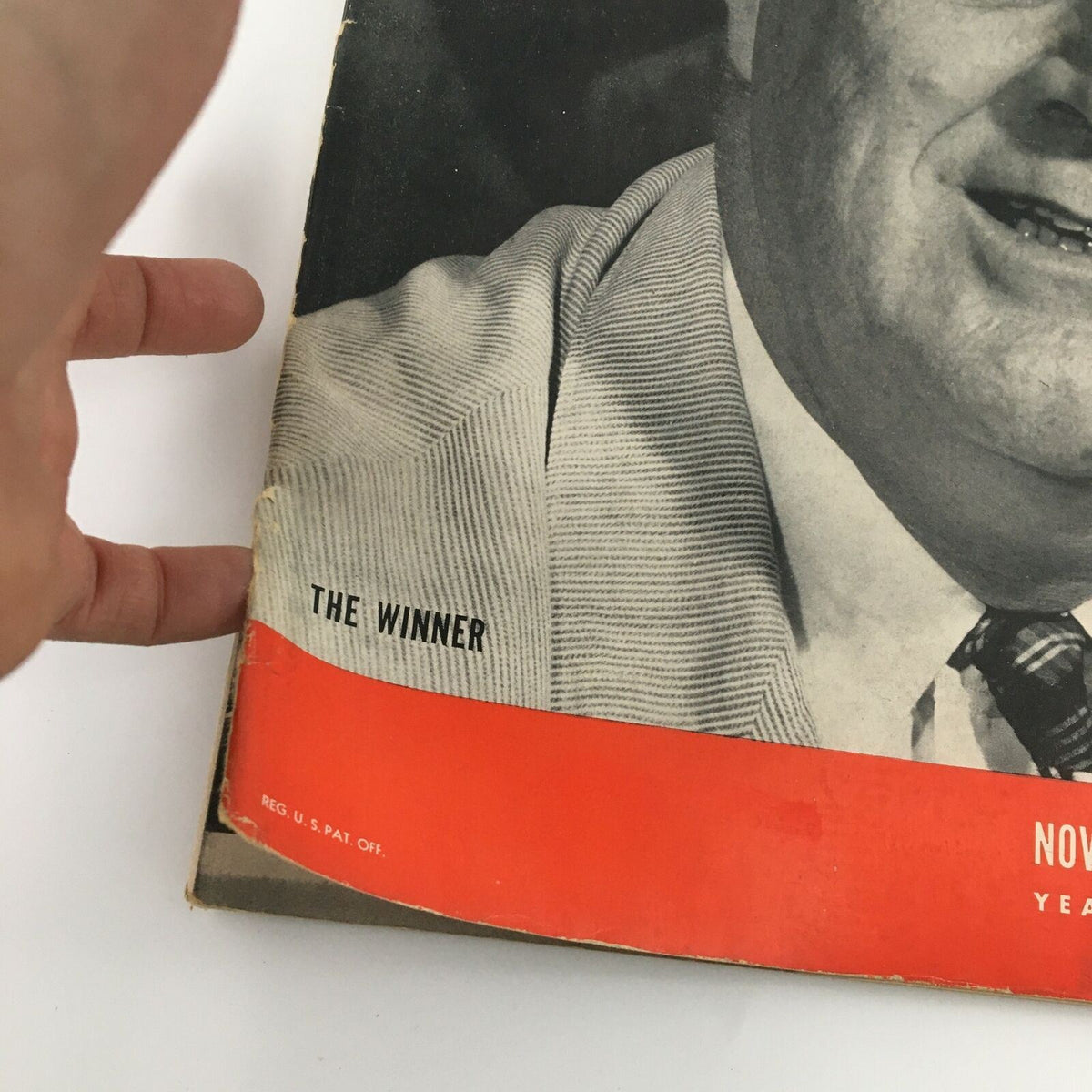 Close-up detail of the cover of the November 18, 1940 Life Magazine with President Franklin D. Roosevelt, labeled 'THE WINNER'.