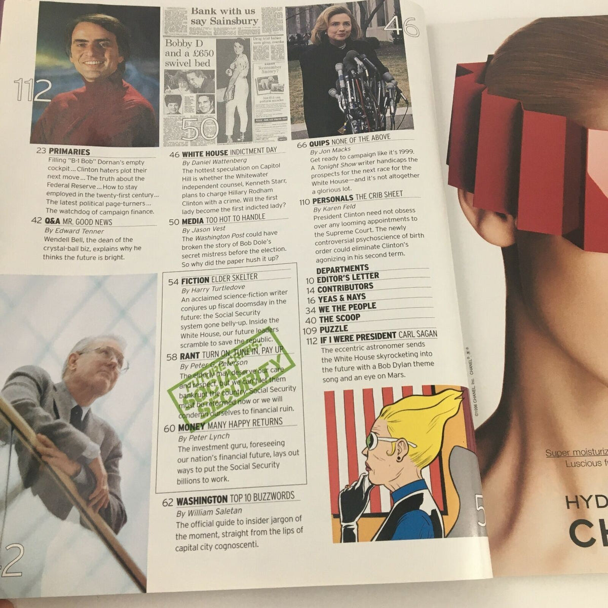 Inside pages of George Magazine February 1997 highlighting significant political events and featuring Carl Sagan.