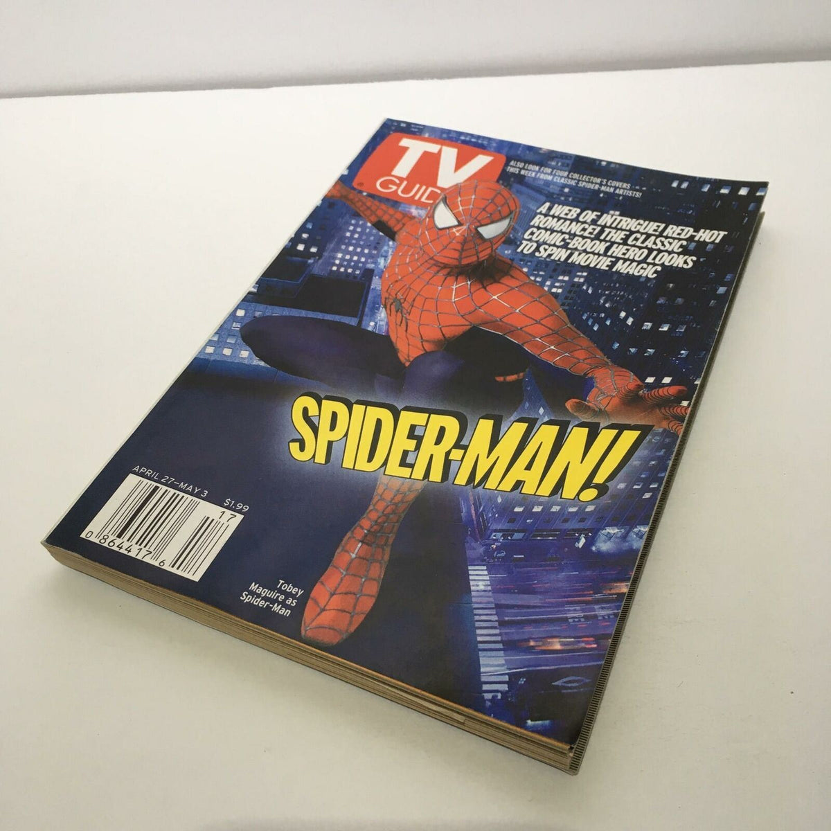 Cover image of the TV Guide April 27-May 3 2002 featuring Spider-Man with the tagline 'SPIDER-MAN!', highlighting the film starring Tobey Maguire.