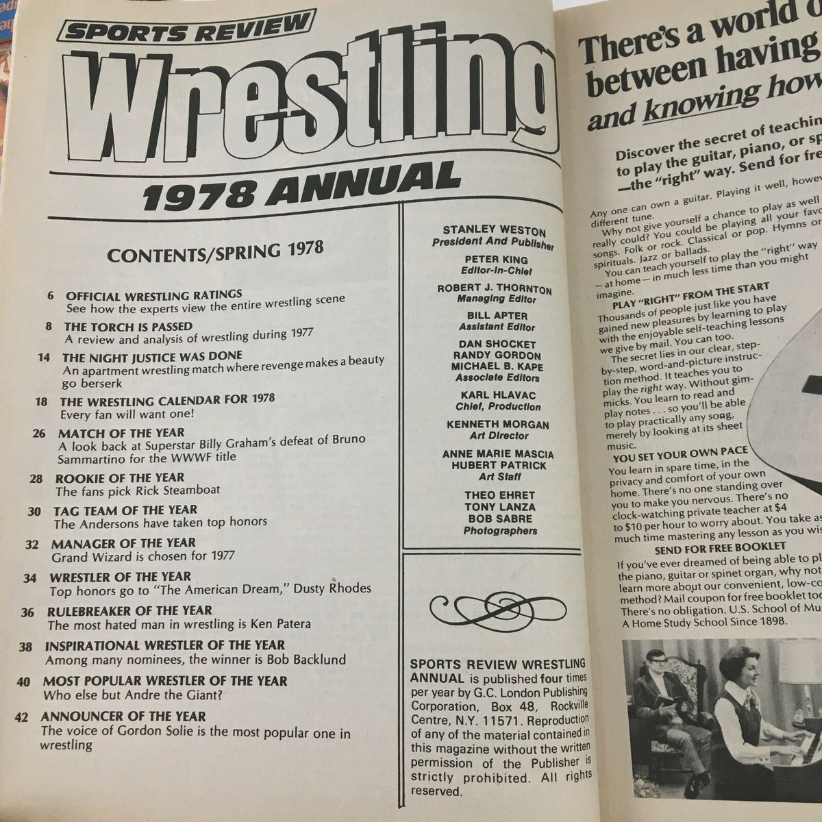 Contents page of Sports Review Wrestling Magazine Spring 1978 outlining articles and awards, including the Wrestler of the Year, Match of the Year, and more.