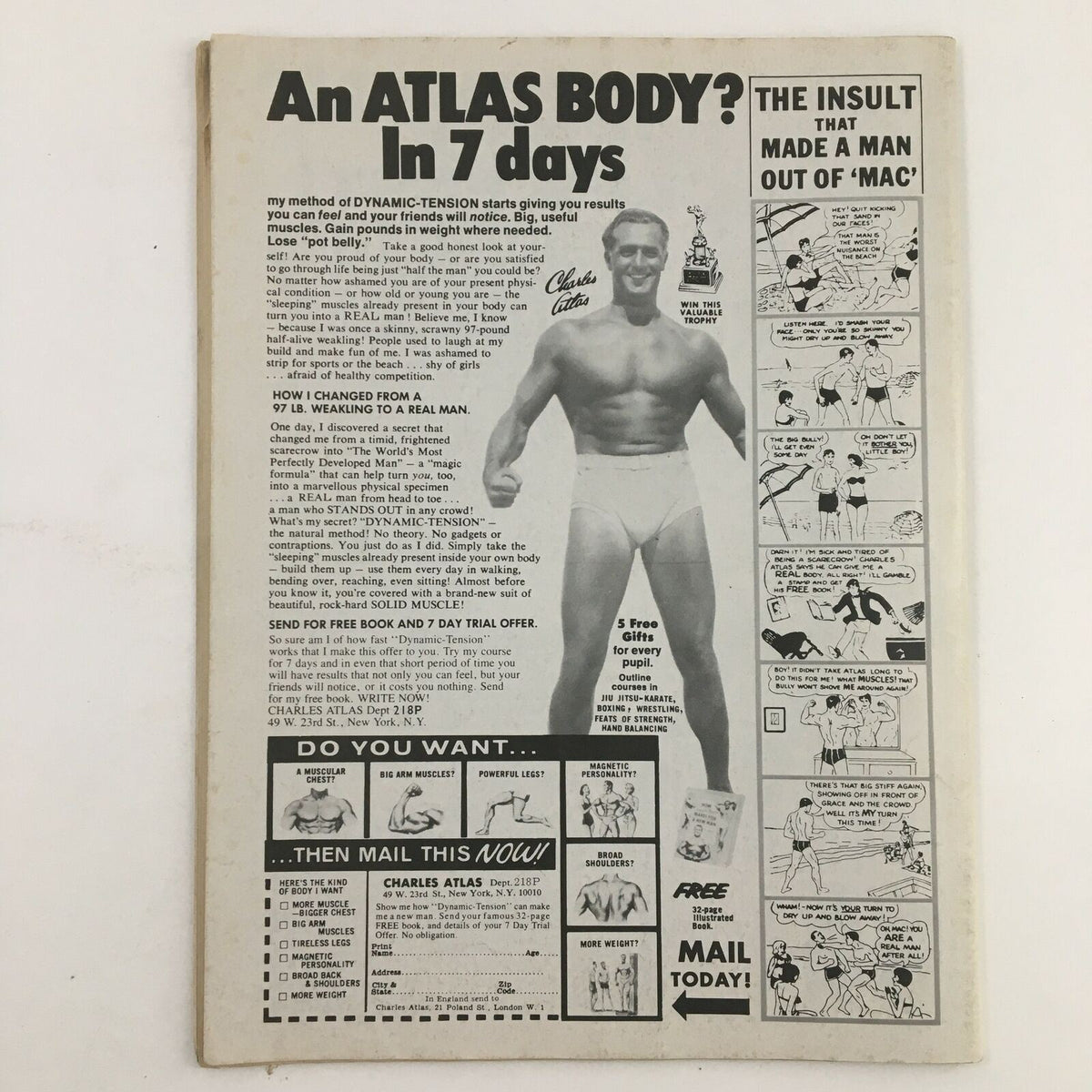 An advertisement from Sports Review Wrestling Magazine Spring 1978 featuring Charles Atlas promoting a physical fitness program, appealing to those looking to build muscle in a quick and effective way.