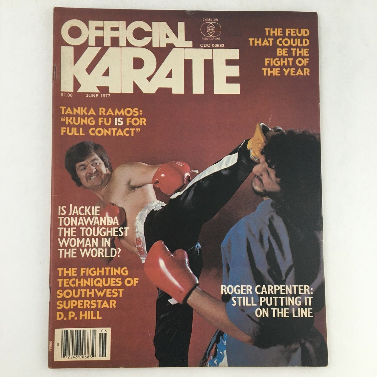 Cover of Official Karate Magazine June 1977 Vol 9 #69 showcasing Jackie Tonawanda and Roger Carpenter with an action shot of karate martial arts.
