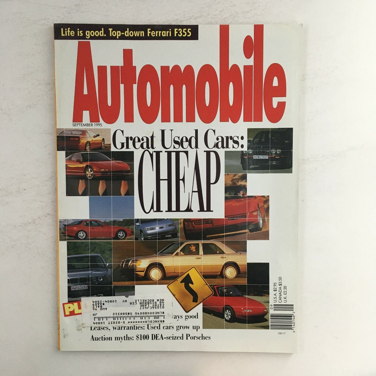 Cover of Automobile Magazine September 1995 featuring Ferrari F355 with the headline 'Great Used Cars: CHEAP', highlighting auction myths and various used cars.