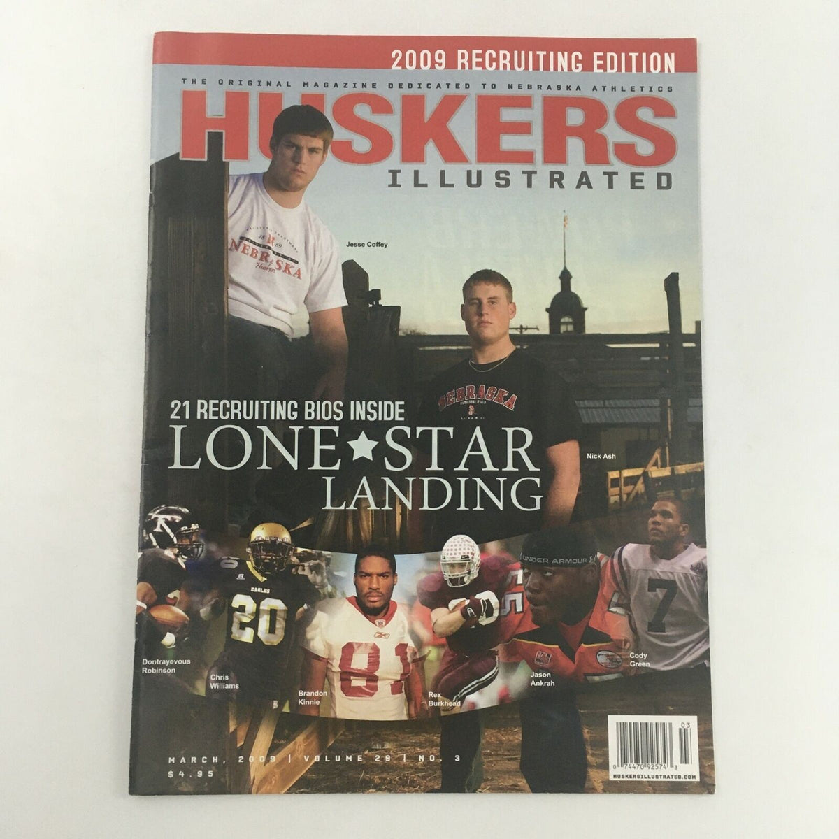 Cover of Huskers Illustrated March 2009 Vol 29 #3 featuring Nebraska athletes Jesse Coffey and Nick Ash, showcasing key recruiting information and football culture.