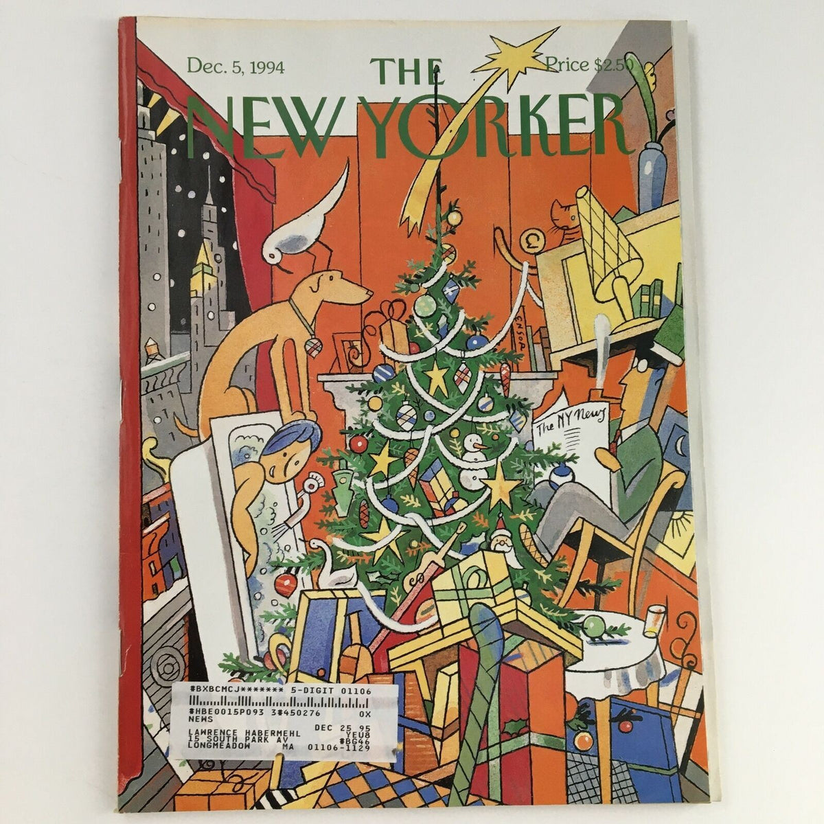 The New Yorker December 5 1994 Full Magazine Theme Cover by Ever Meulen featuring a vibrant illustration of a festive Christmas scene with a decorated tree, playful characters, and holiday decor. In very good condition, includes protective covering.