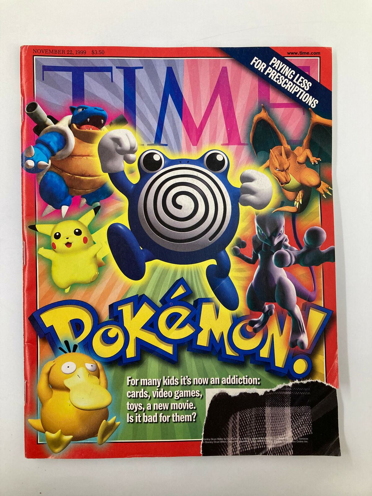 Cover of Time Magazine November 22, 1999, Vol. 154 No. 21 featuring Pokemon characters, including a Pikachu and Mewtwo, with the headline 'Pokemon! Is it Bad For Them?' highlighting the impact of Pokemon on children.