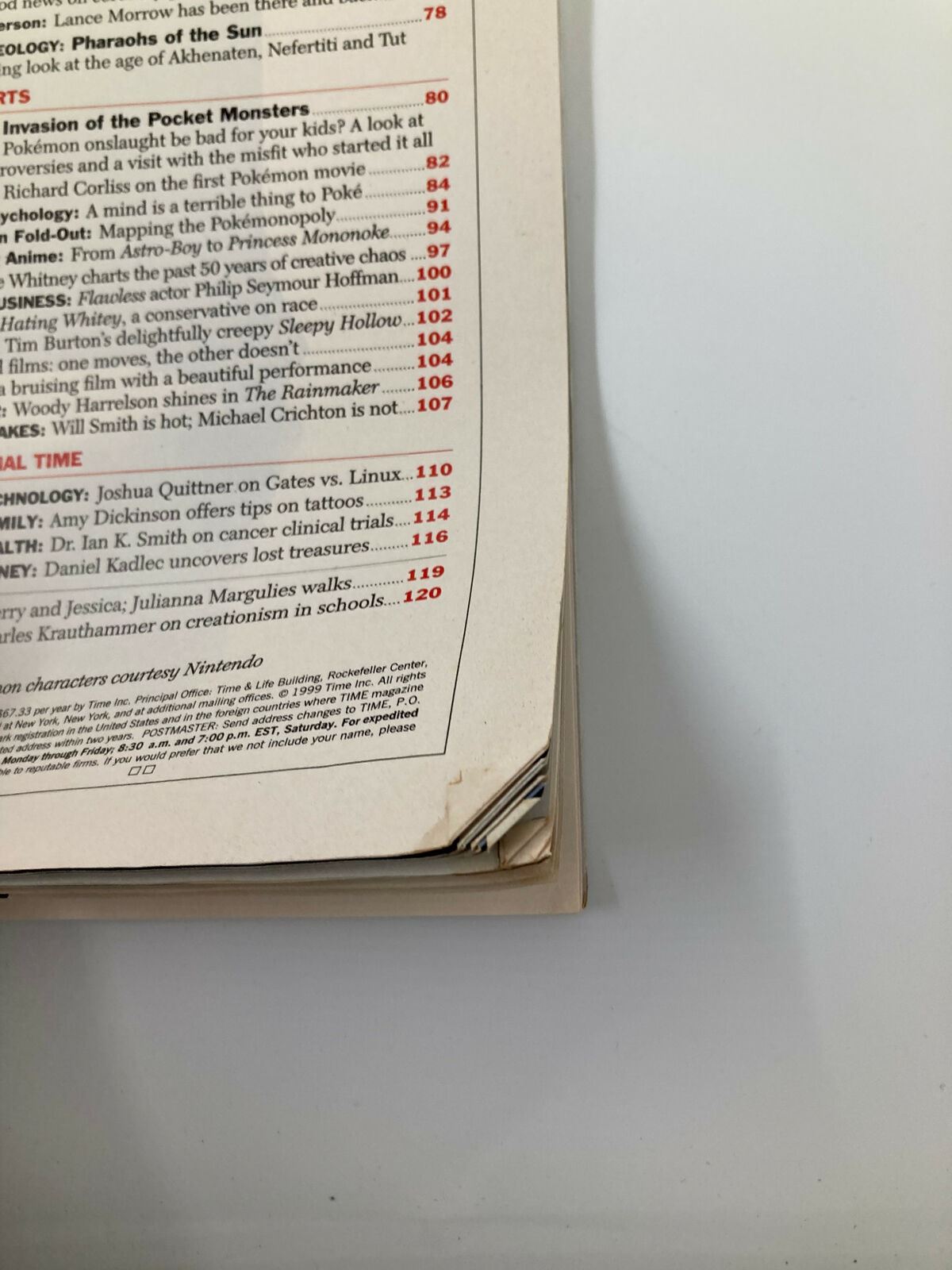 Close-up image of the spine and edge of Time Magazine November 22, 1999, featuring the publication details and Pokemon character credits.