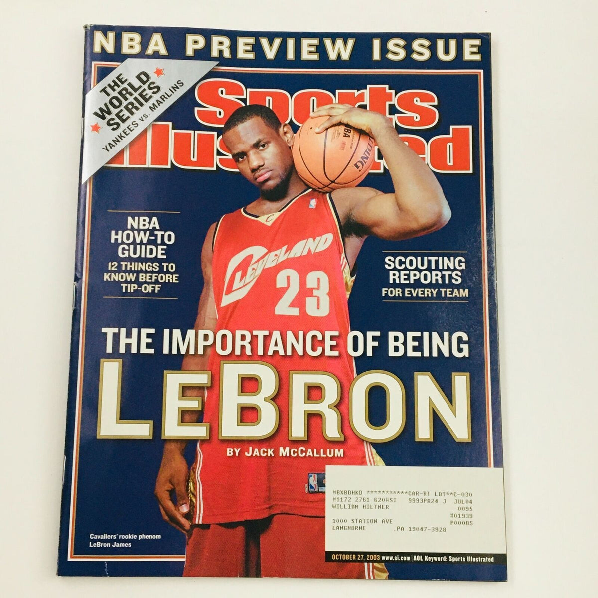 Cover of Sports Illustrated Magazine dated October 27, 2003, featuring LeBron James in a Cleveland Cavaliers jersey, captured by Jack McCallum. The magazine highlights 'The Importance of Being LeBron' and includes NBA preview information.