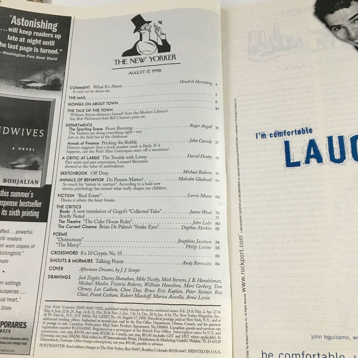 Inside spread of The New Yorker Magazine August 17 1998, showcasing the table of contents and featured articles including 'Afternoon Dreams' by Jean-Jacques Sempé.