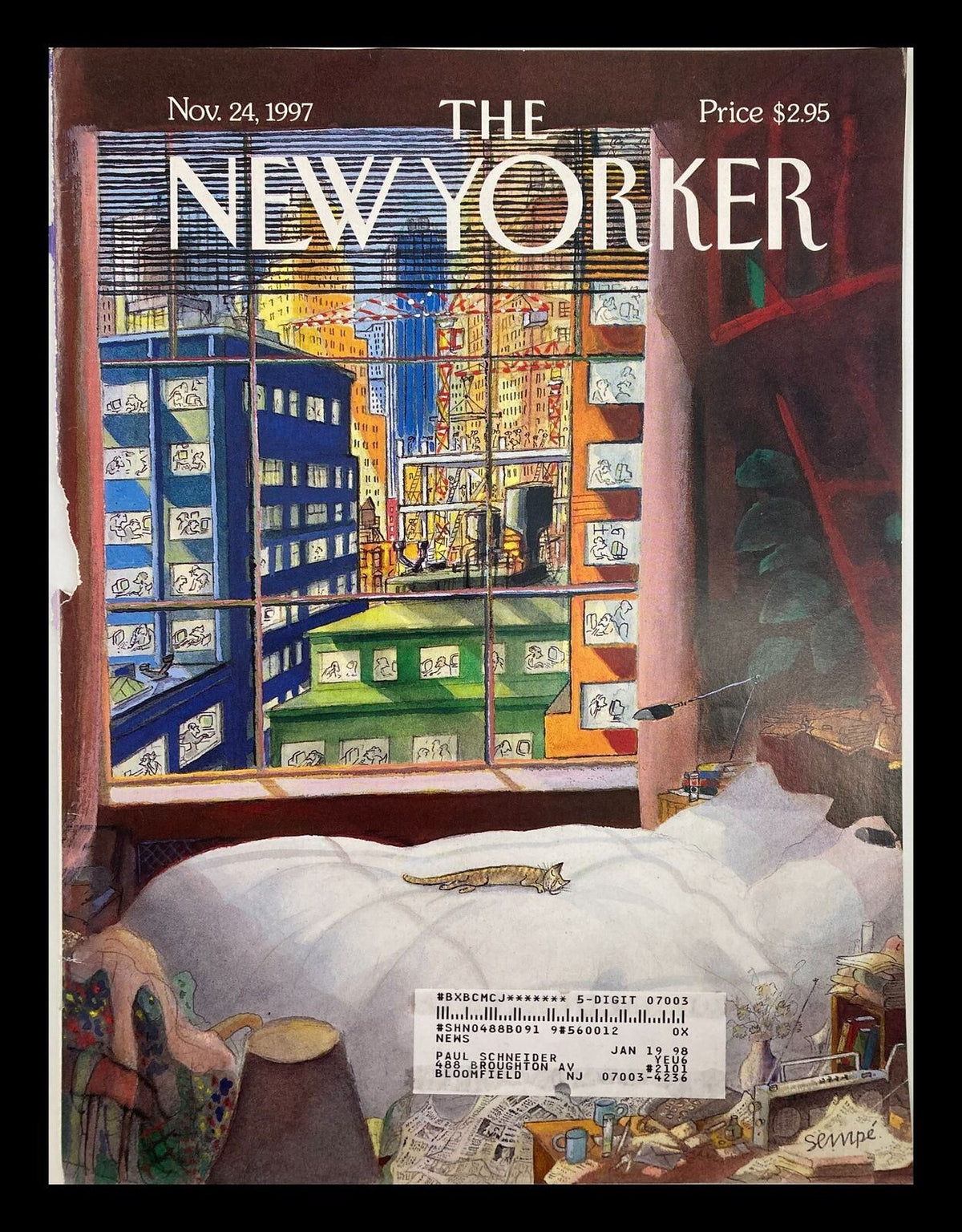 Cover only of The New Yorker magazine dated November 24, 1997 titled 'Luxurious Quiet Place' by J-J Sempe, featuring a view of a cozy bedroom with a window illustrating a vibrant cityscape.
