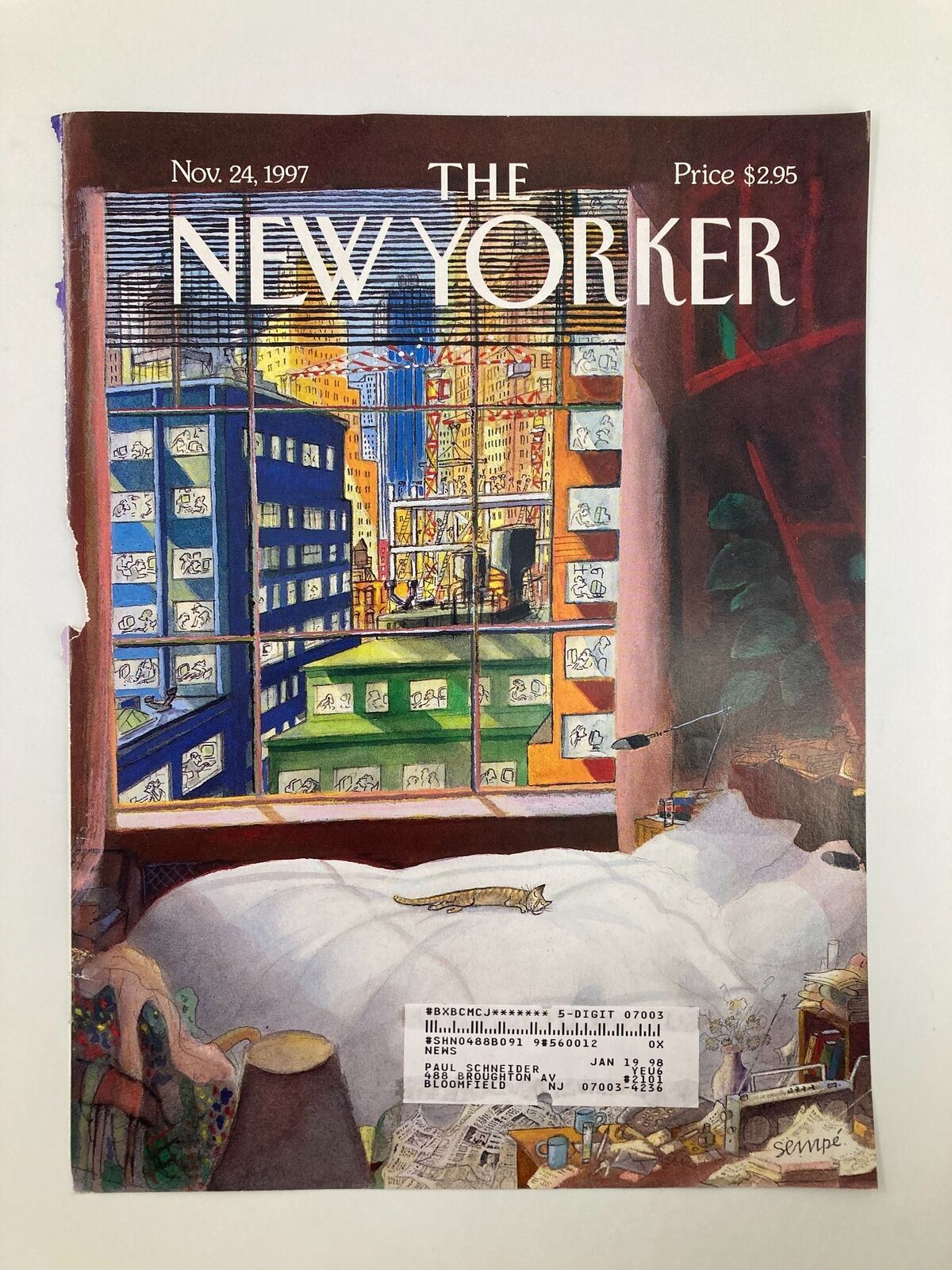 Cover of The New Yorker magazine from November 24, 1997 titled 'Luxurious Quiet Place' by J-J Sempe, depicting a serene bedroom scene with city views and a sleeping cat.
