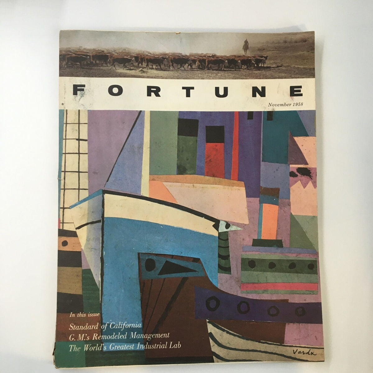 Cover of VTG Fortune Magazine November 1958 featuring colorful artwork and the title 'Fortune'. This issue includes articles on G.M.'s remodeled management and other notable topics.