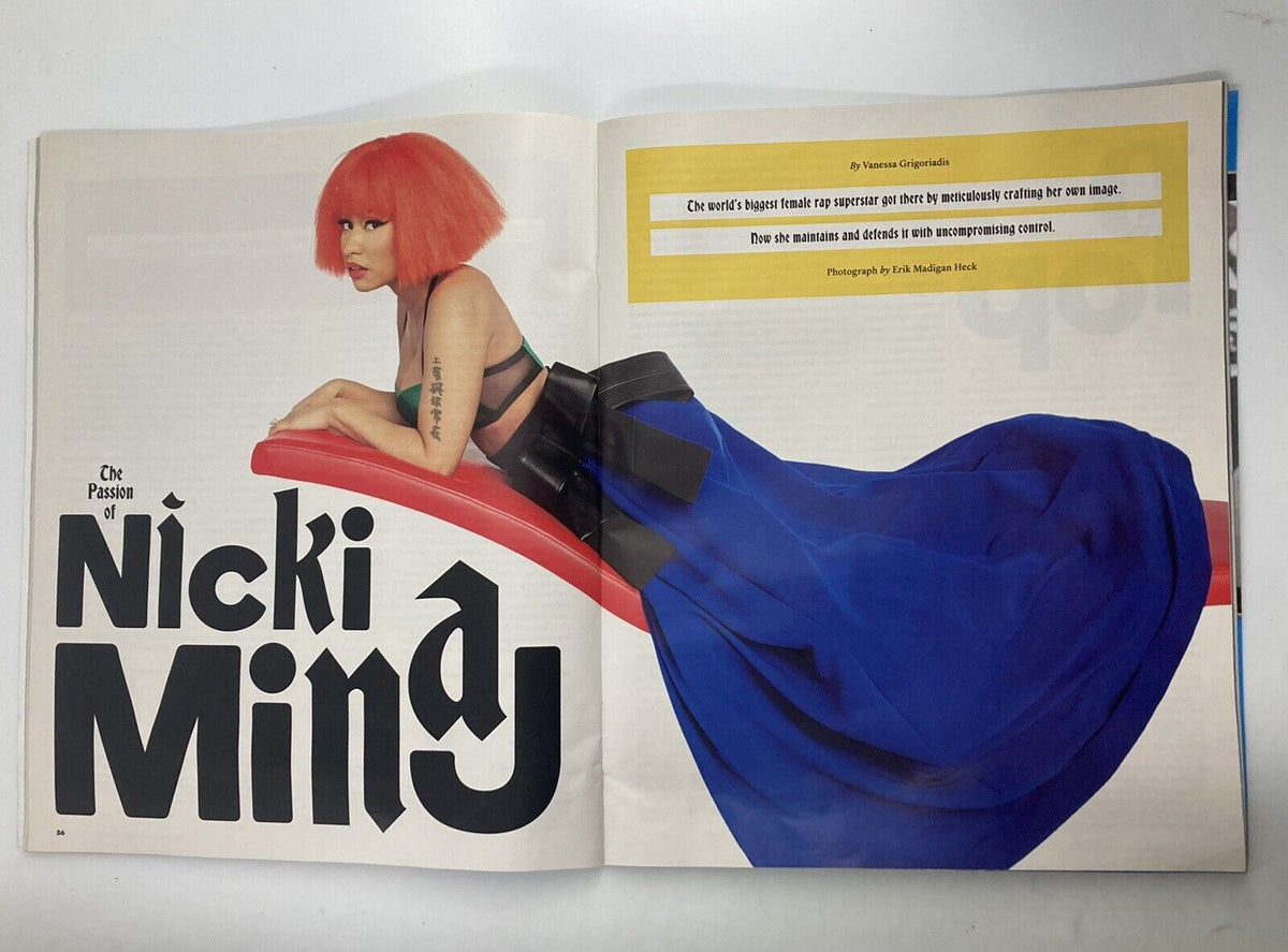 Interior page of The New York Times Magazine from October 11, 2015, showcasing Nicki Minaj with creative photography and an article titled 'The Passion of Nicki Minaj'.
