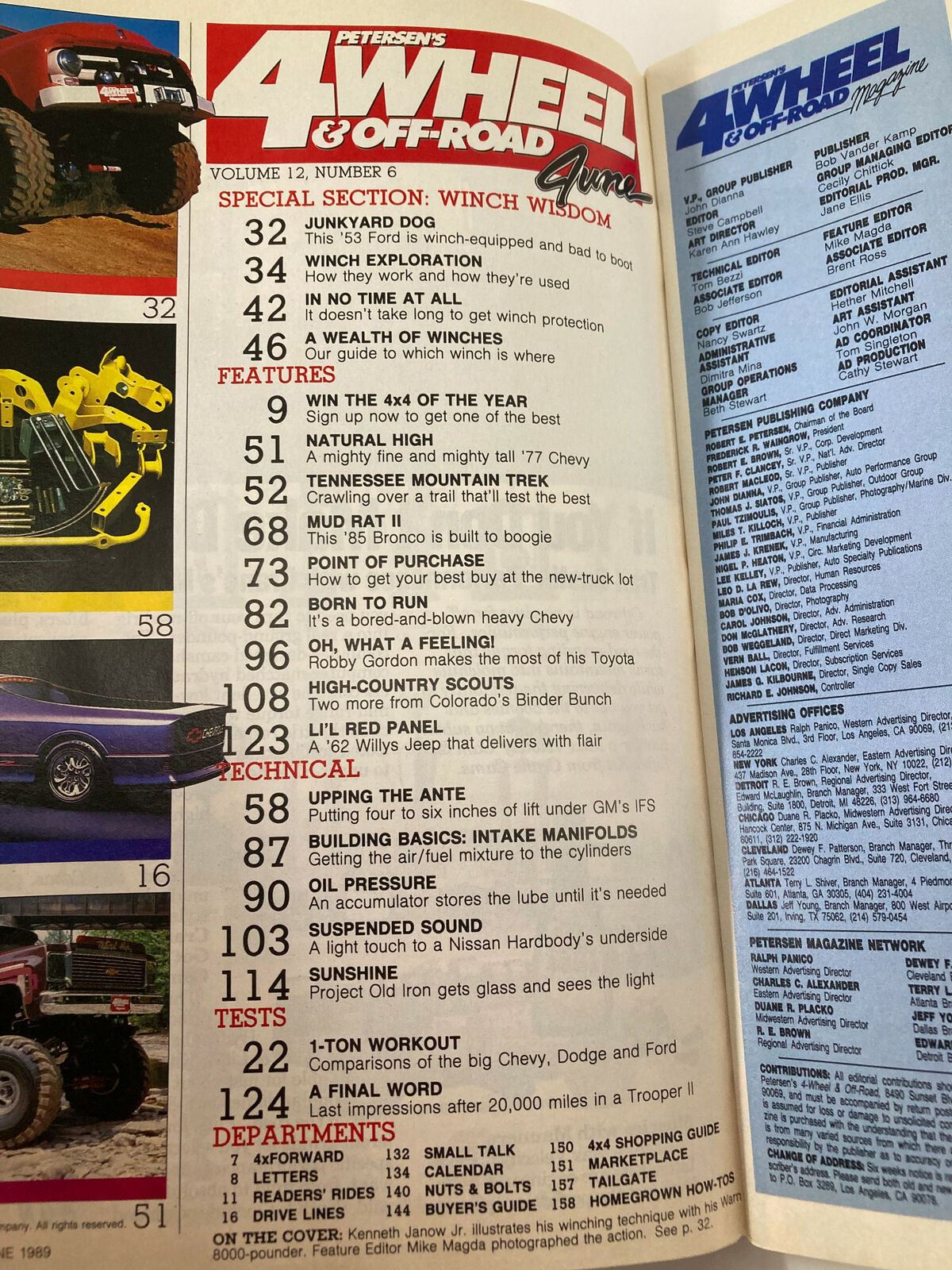 Table of contents from Petersen's 4 Wheel & Off-Road Magazine, June 1989, highlighting special section on Winch Wisdom and various off-roading features.