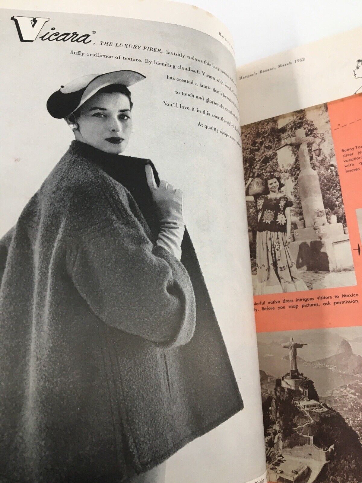 Harper's Bazaar March 1952 featuring a fashion advertisement for Vicara, highlighting luxurious texture and design in vintage clothing.