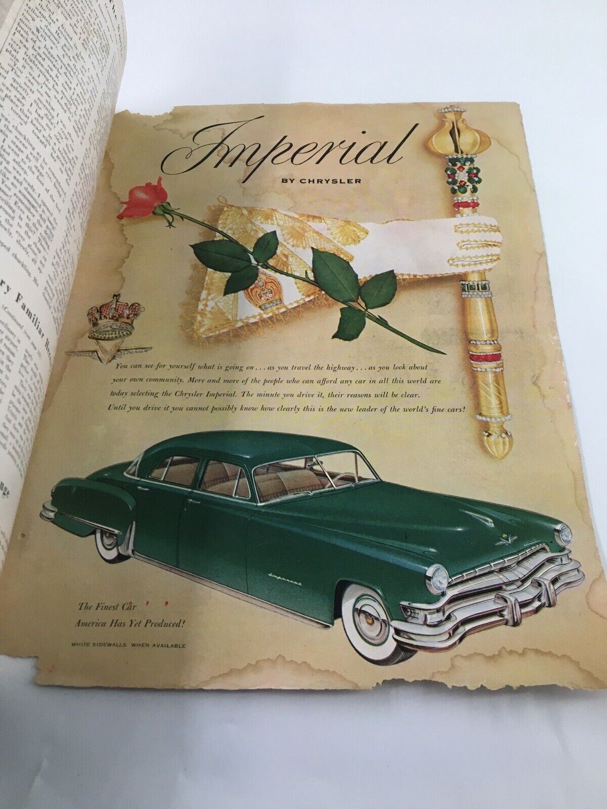 Vintage advertisement from Harper's Bazaar March 1952 Fashion showcasing Chrysler Imperial car with design elements like a rose and ornate details