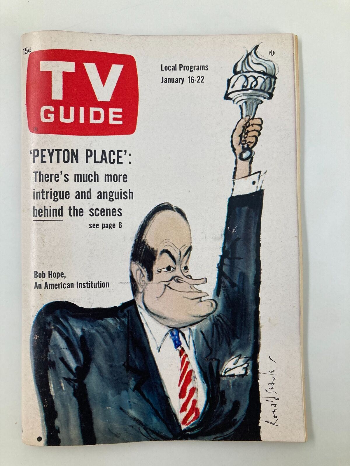 TV Guide Magazine January 16 1965 cover featuring a caricature of Bob Hope holding a torch, showcasing vintage television culture and historical significance.