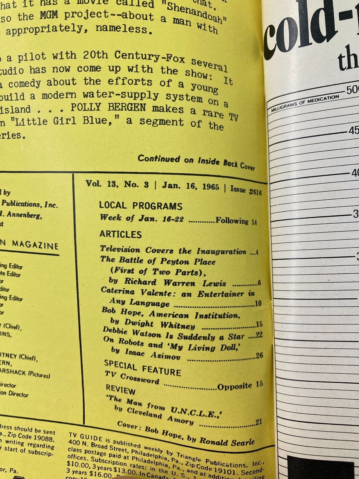 Inside page of TV Guide Magazine January 16 1965 detailing articles and program listings, emphasizing Bob Hope as an American institution, perfect for collectors.