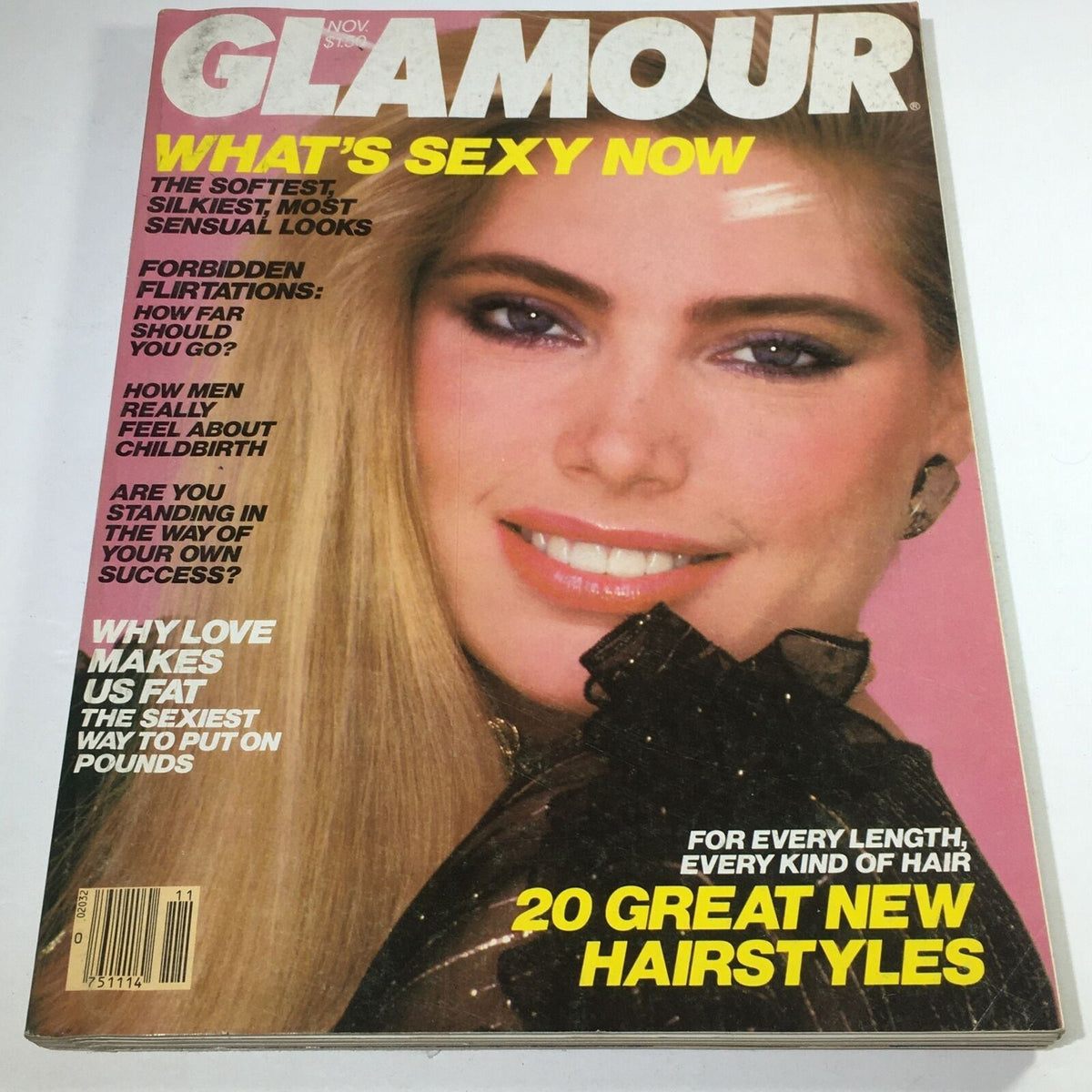 Vintage Glamour Magazine from November 1980 featuring Kelly Emberg on the cover, showcasing bold fashion trends and hairstyles popular in the 1980s.