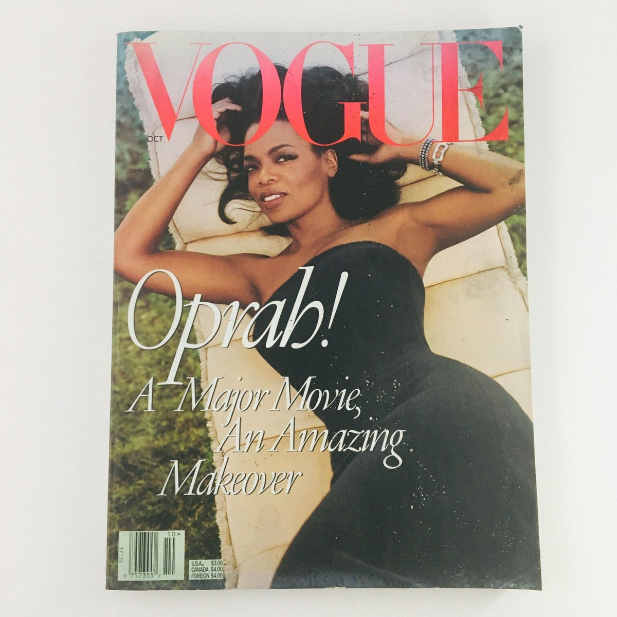 Vogue Magazine October 1998 featuring Oprah Winfrey on the cover, titled 'Oprah! A Major Movie, An Amazing Makeover'. This iconic fashion magazine showcases a stunning image of Oprah in a black dress.