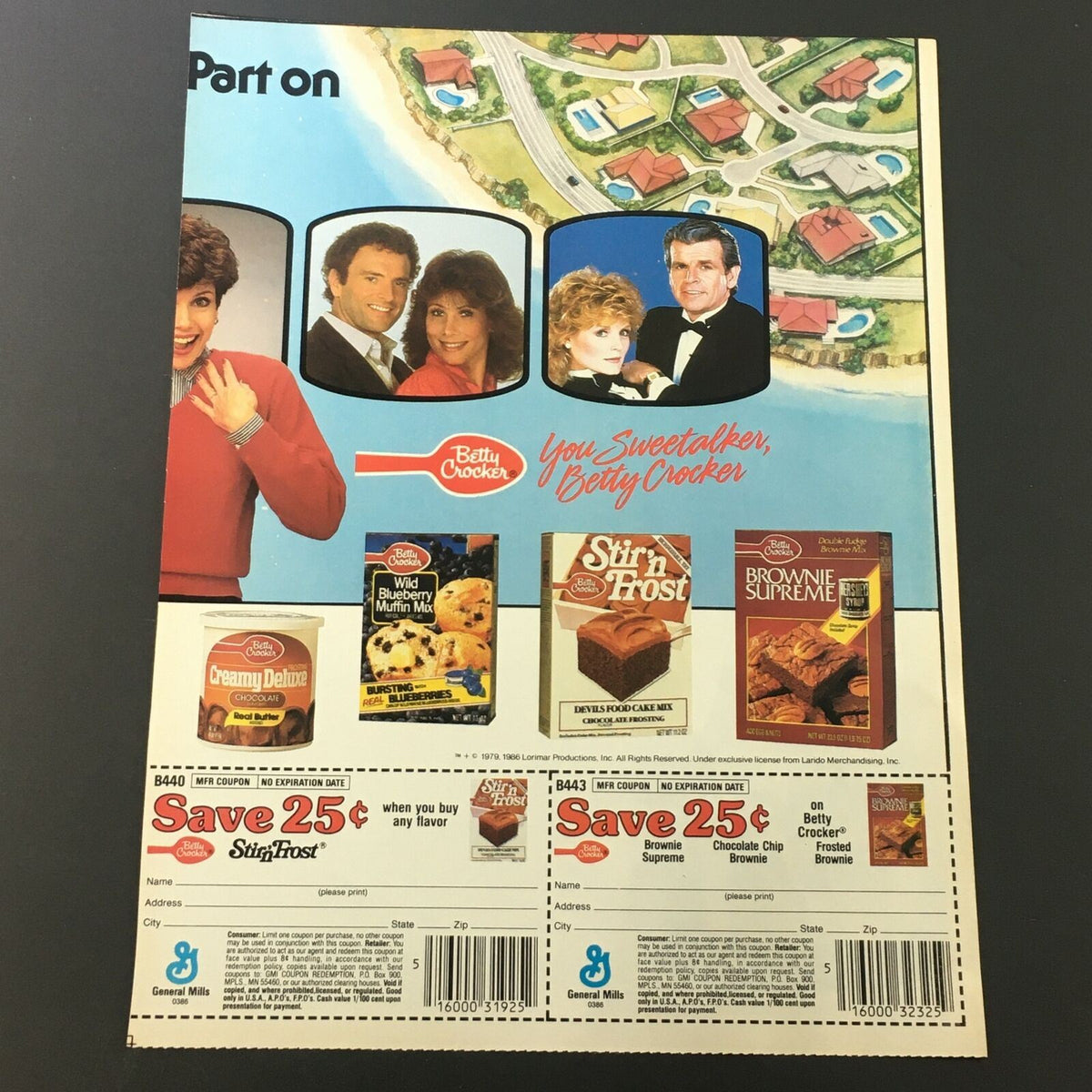 Vintage advertisement featuring the back of a Betty Crocker product with various food items, part of the VTG Retro 1986 Final Touch Fabric Softener FREE Snow White Story Book Ad Coupon.
