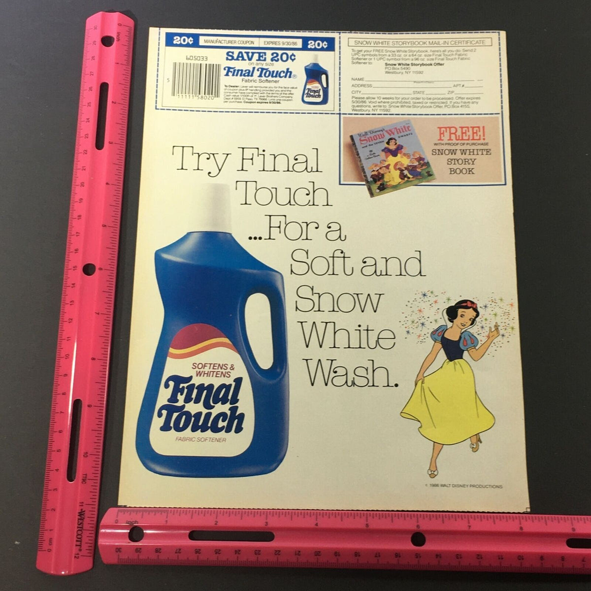 Vintage advertisement promoting Final Touch fabric softener, showcasing a Snow White theme, part of the VTG Retro 1986 Final Touch Fabric Softener FREE Snow White Story Book Ad Coupon.