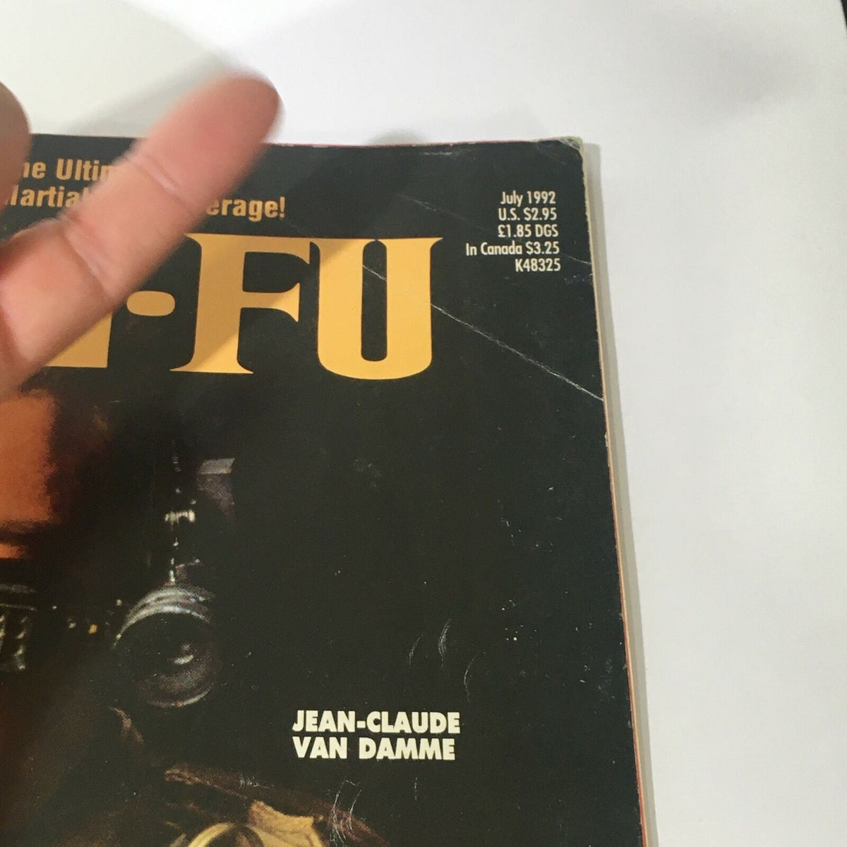 Close-up of the cover of Inside Kung Fu Magazine, July 1992, displaying Jean-Claude Van Damme's name and the magazine title prominently.