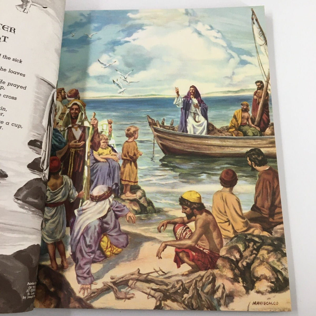 Illustration from Ideals Vol. 17 No. 1 March 1960 Easter Issue depicting a biblical scene by the sea with Jesus speaking to a crowd.
