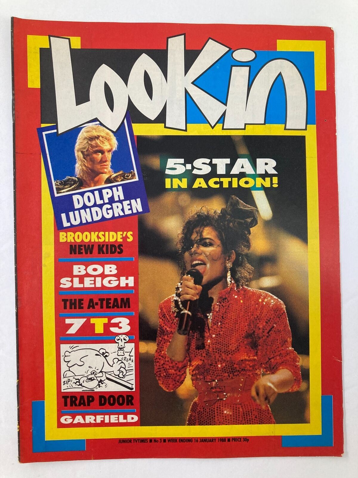 Lookin Magazine 1988 No. 3 featuring Dolph Lundgren on the cover, showcasing vibrant colors and a dynamic design. Includes highlights of Bob Sleigh and entertainment features from the late 80s.